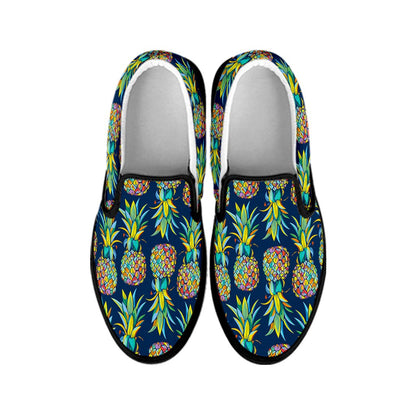 Colorful Pineapple Pattern Print Black Slip On Sneakers