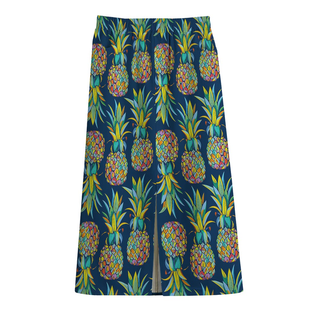 Colorful Pineapple Pattern Print Cotton Front Slit Maxi Skirt