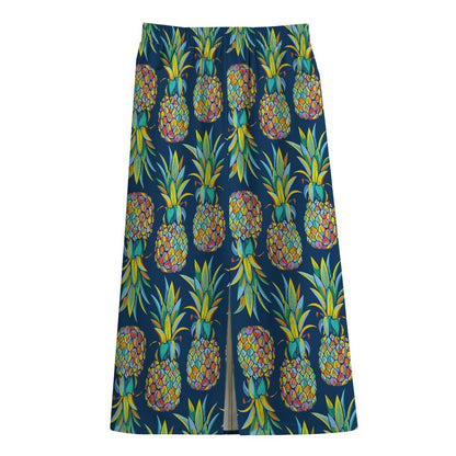Colorful Pineapple Pattern Print Cotton Front Slit Maxi Skirt