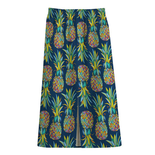 Colorful Pineapple Pattern Print Cotton Front Slit Maxi Skirt