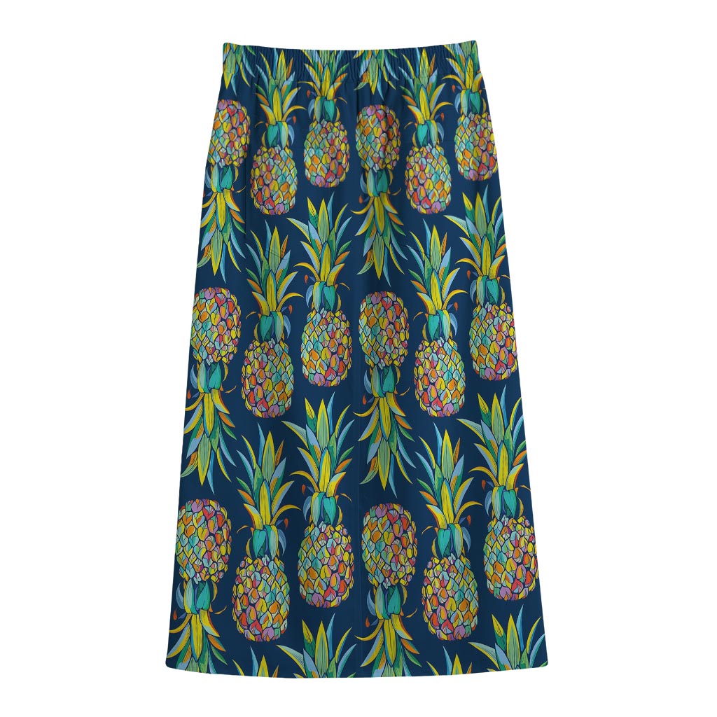 Colorful Pineapple Pattern Print Cotton Front Slit Maxi Skirt