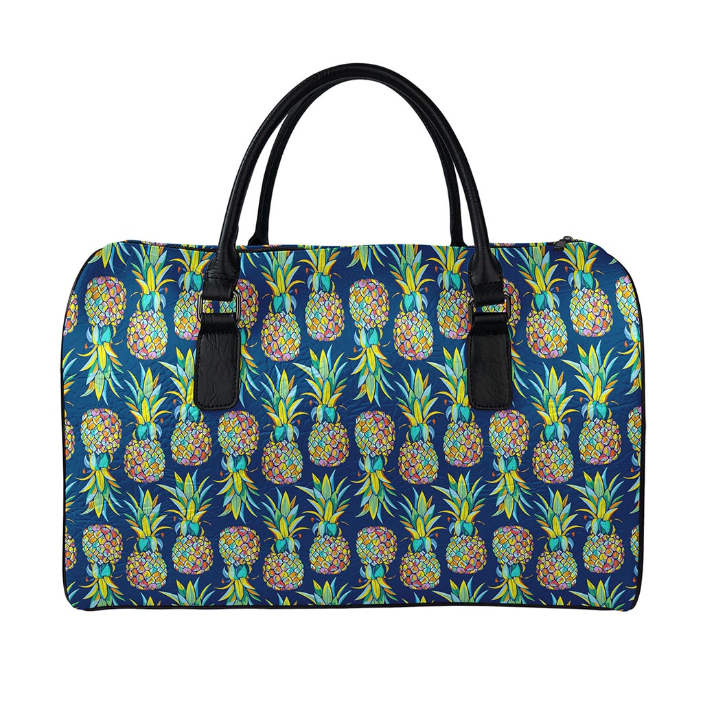 Colorful Pineapple Pattern Print Leather Duffle Bag