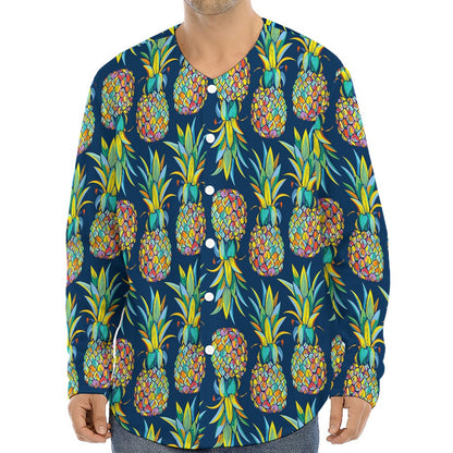 Colorful Pineapple Pattern Print Long Sleeve Baseball Jersey