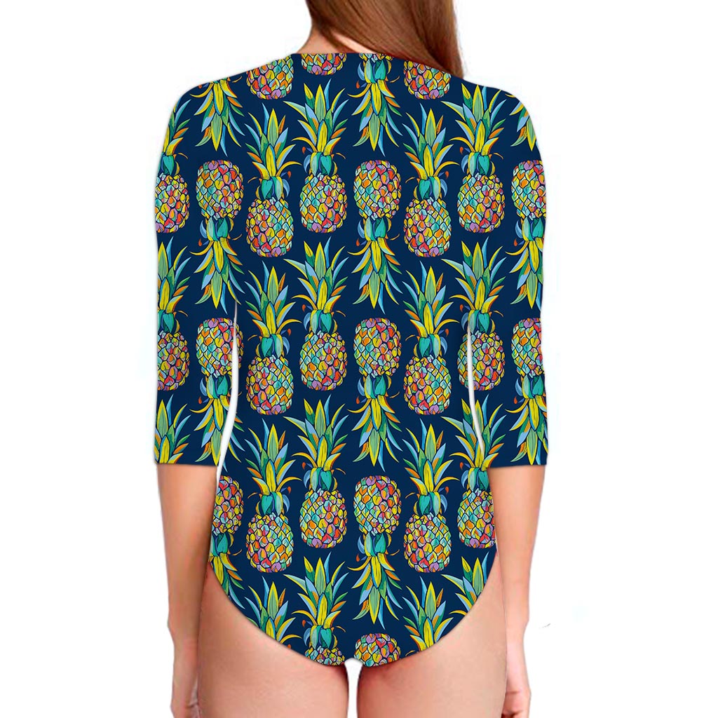 Colorful Pineapple Pattern Print Long Sleeve Swimsuit