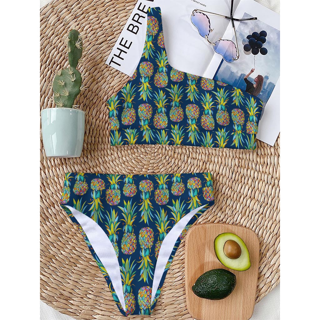 Colorful Pineapple Pattern Print One Shoulder Bikini Top