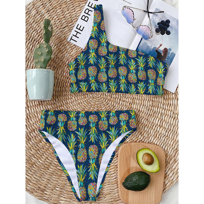 Colorful Pineapple Pattern Print One Shoulder Bikini Top