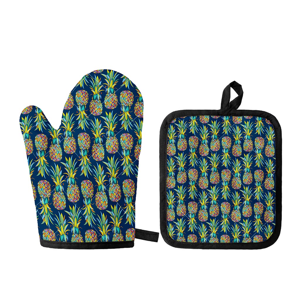 Colorful Pineapple Pattern Print Oven Mitt And Pot Holder Set