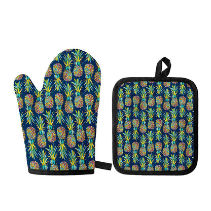 Colorful Pineapple Pattern Print Oven Mitt And Pot Holder Set