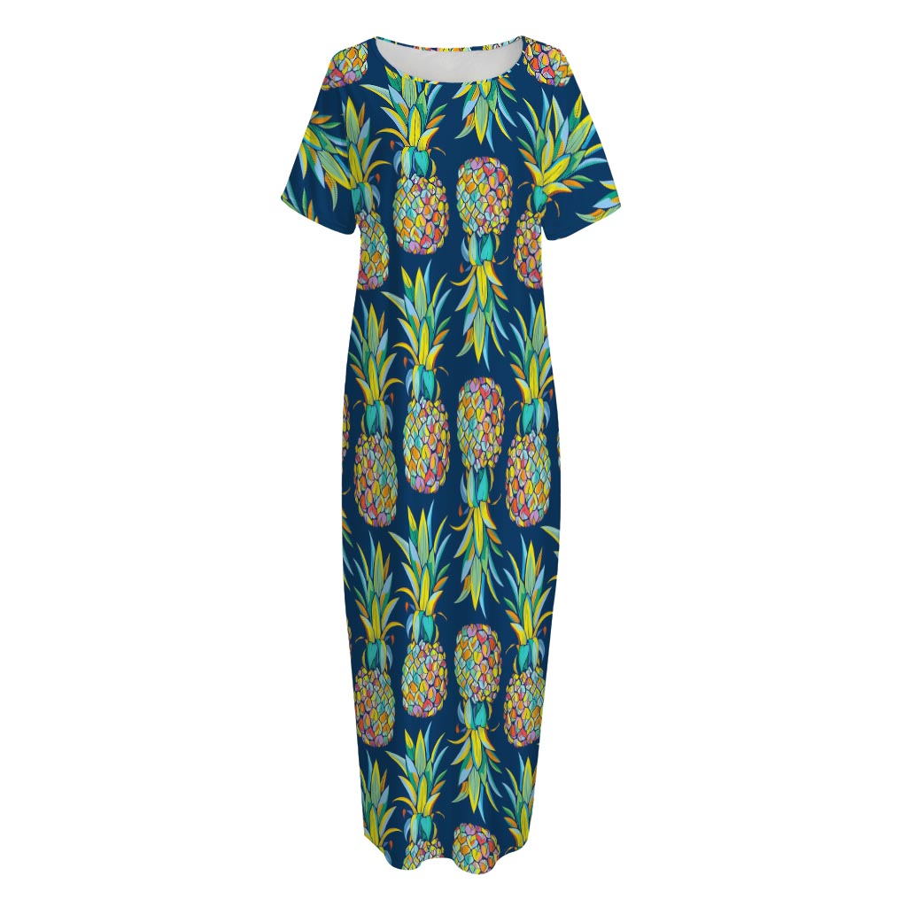 Colorful Pineapple Pattern Print Short Sleeve Long Nightdress