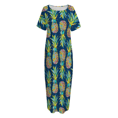 Colorful Pineapple Pattern Print Short Sleeve Long Nightdress
