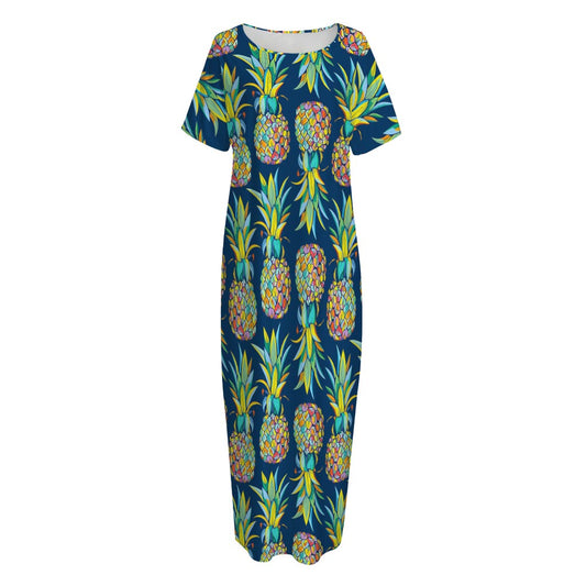 Colorful Pineapple Pattern Print Short Sleeve Long Nightdress