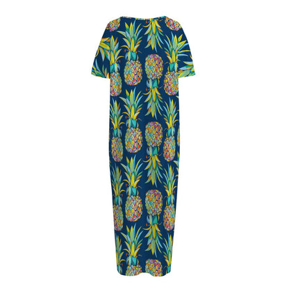 Colorful Pineapple Pattern Print Short Sleeve Long Nightdress