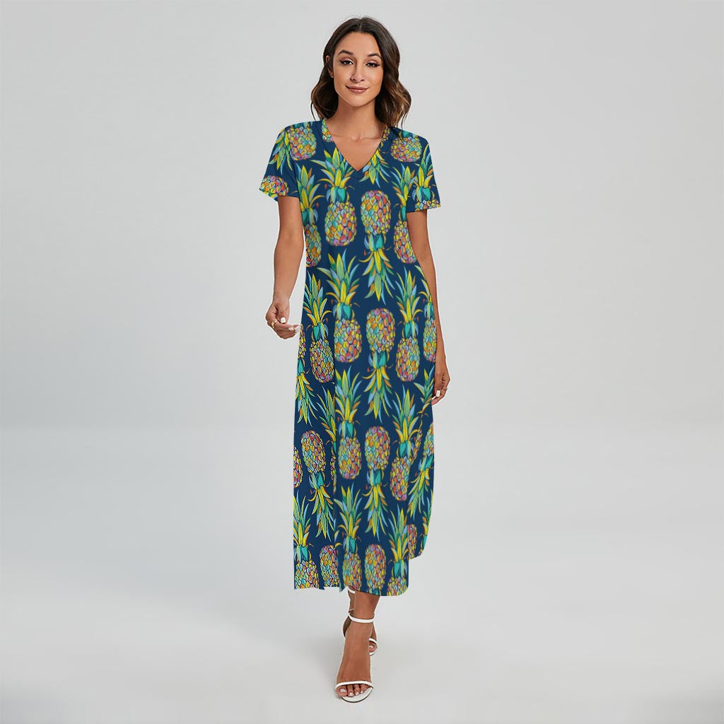 Colorful Pineapple Pattern Print Short Sleeve Maxi Dress