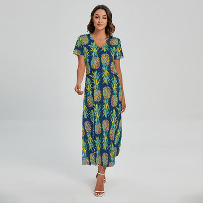 Colorful Pineapple Pattern Print Short Sleeve Maxi Dress
