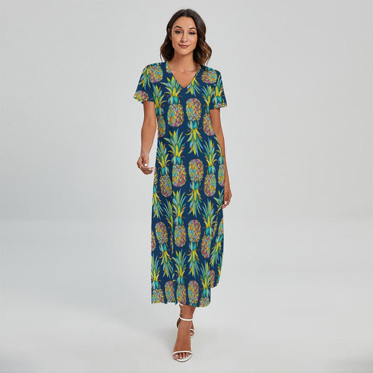 Colorful Pineapple Pattern Print Short Sleeve Maxi Dress