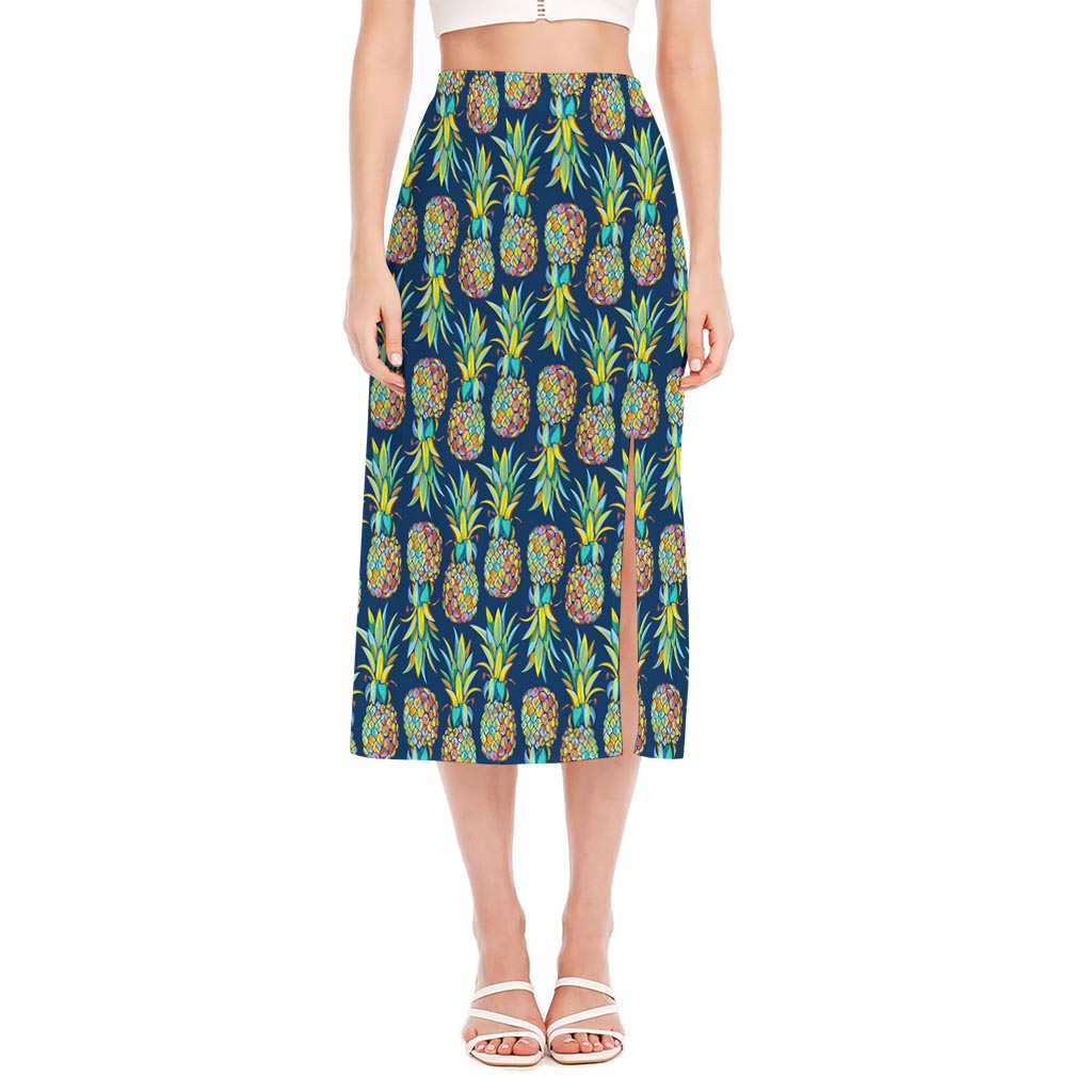 Colorful Pineapple Pattern Print Side Slit Midi Skirt