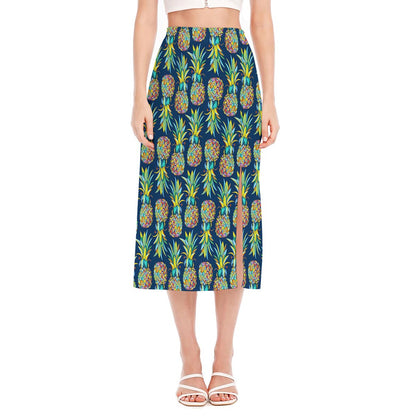 Colorful Pineapple Pattern Print Side Slit Midi Skirt