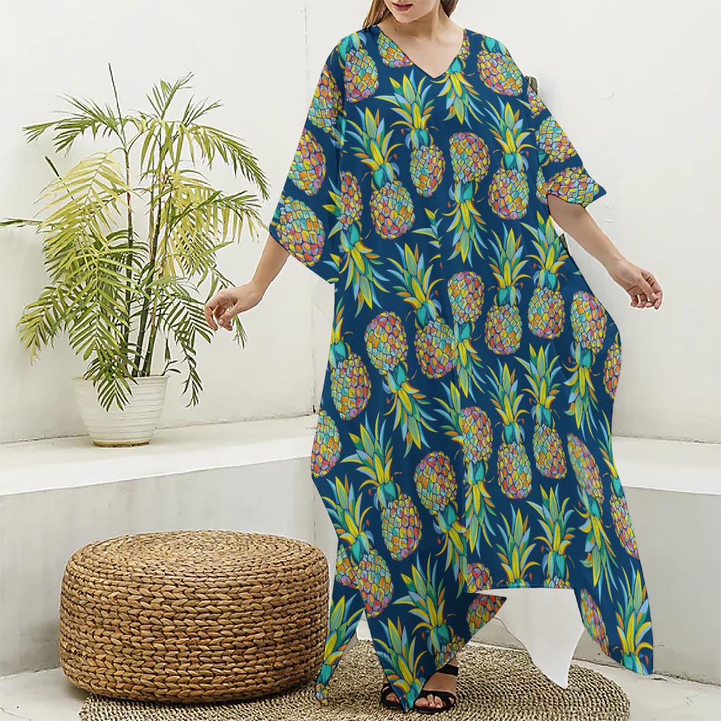 Colorful Pineapple Pattern Print Silk V-Neck Kaftan Dress