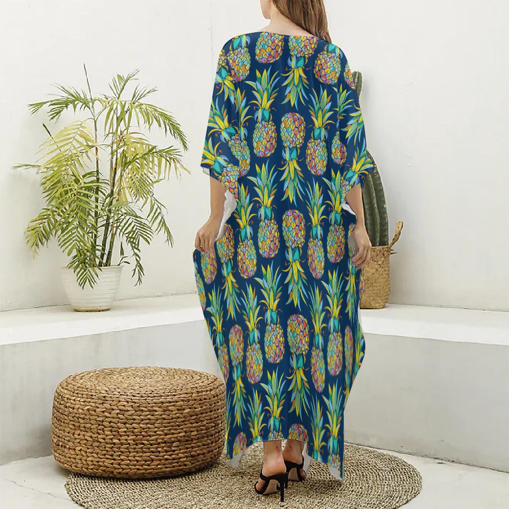 Colorful Pineapple Pattern Print Silk V-Neck Kaftan Dress