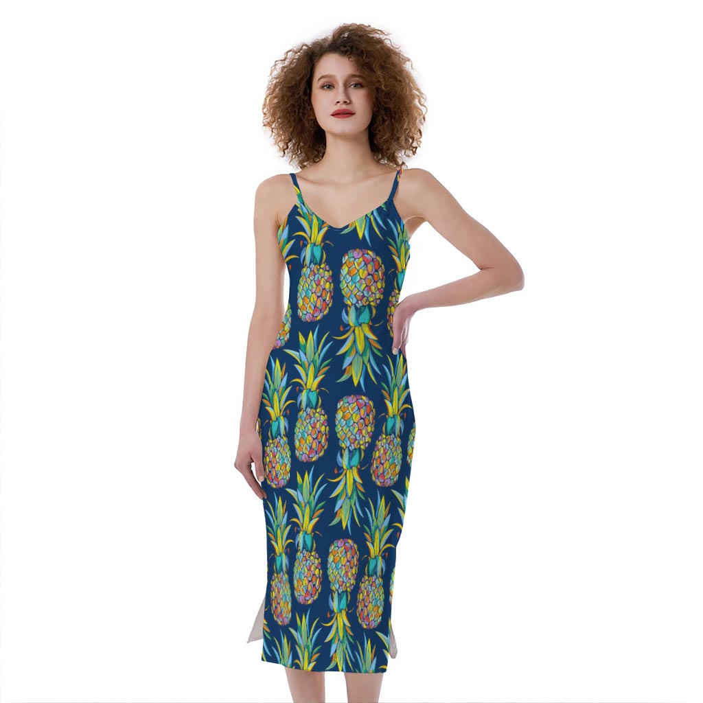 Colorful Pineapple Pattern Print Slim Fit Midi Cami Dress