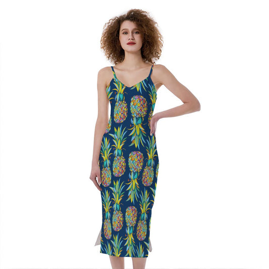 Colorful Pineapple Pattern Print Slim Fit Midi Cami Dress