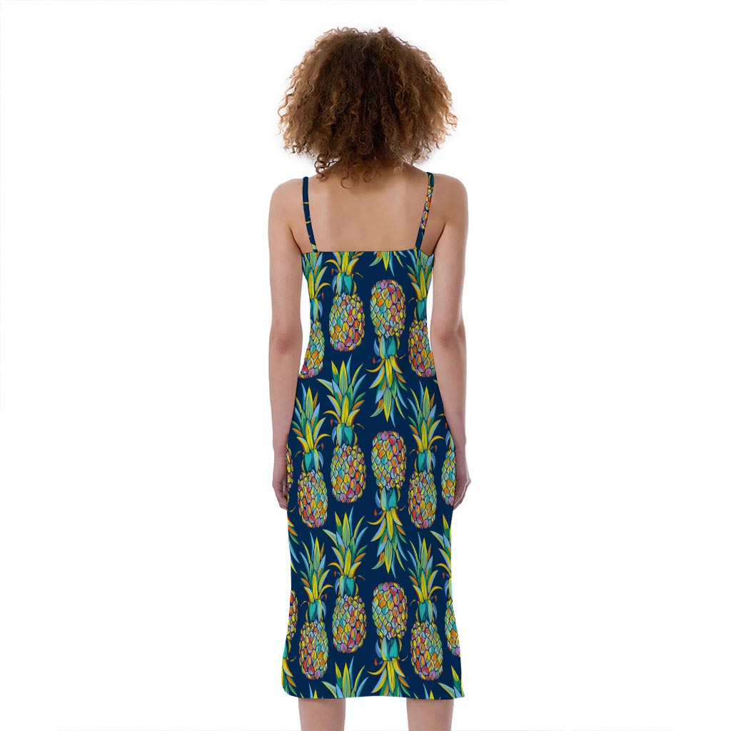 Colorful Pineapple Pattern Print Slim Fit Midi Cami Dress