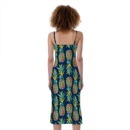 Colorful Pineapple Pattern Print Slim Fit Midi Cami Dress