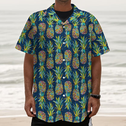 Colorful Pineapple Pattern Print Textured Short Sleeve Shirt