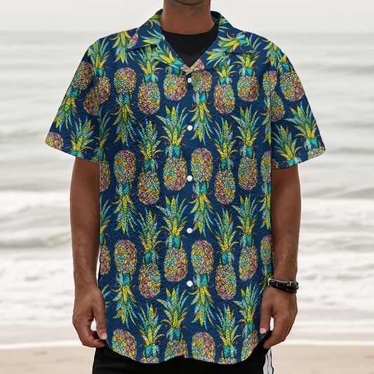 Colorful Pineapple Pattern Print Textured Short Sleeve Shirt