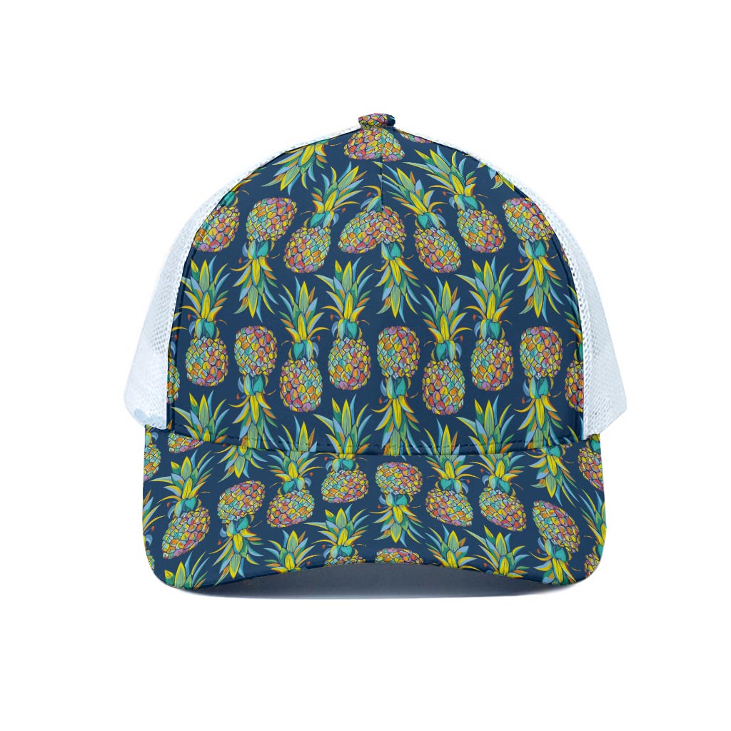 Colorful Pineapple Pattern Print White Mesh Trucker Cap