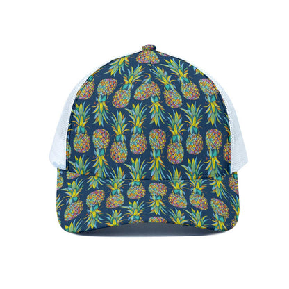Colorful Pineapple Pattern Print White Mesh Trucker Cap