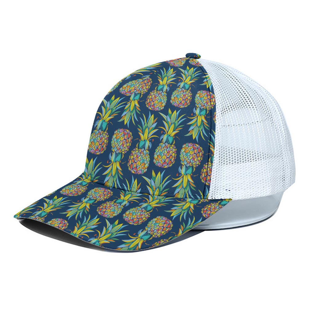 Colorful Pineapple Pattern Print White Mesh Trucker Cap