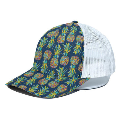 Colorful Pineapple Pattern Print White Mesh Trucker Cap