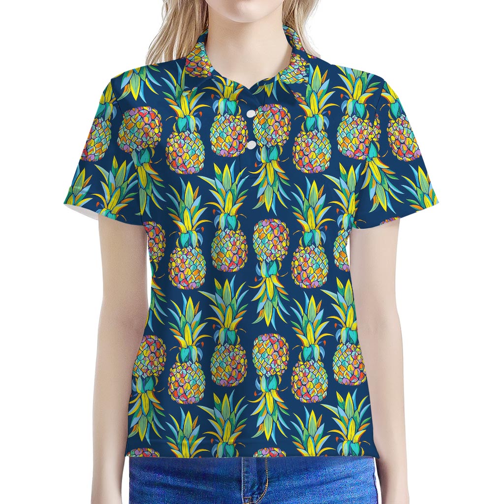 Colorful Pineapple Pattern Print Women's Polo Shirt