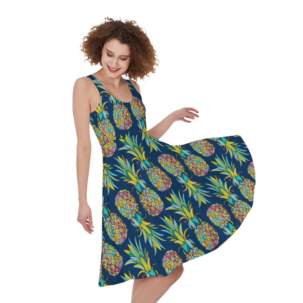 Colorful Pineapple Pattern Print Women's Sleeveless Dress