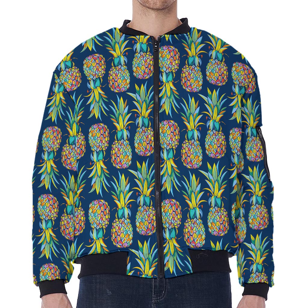 Colorful Pineapple Pattern Print Zip Sleeve Bomber Jacket