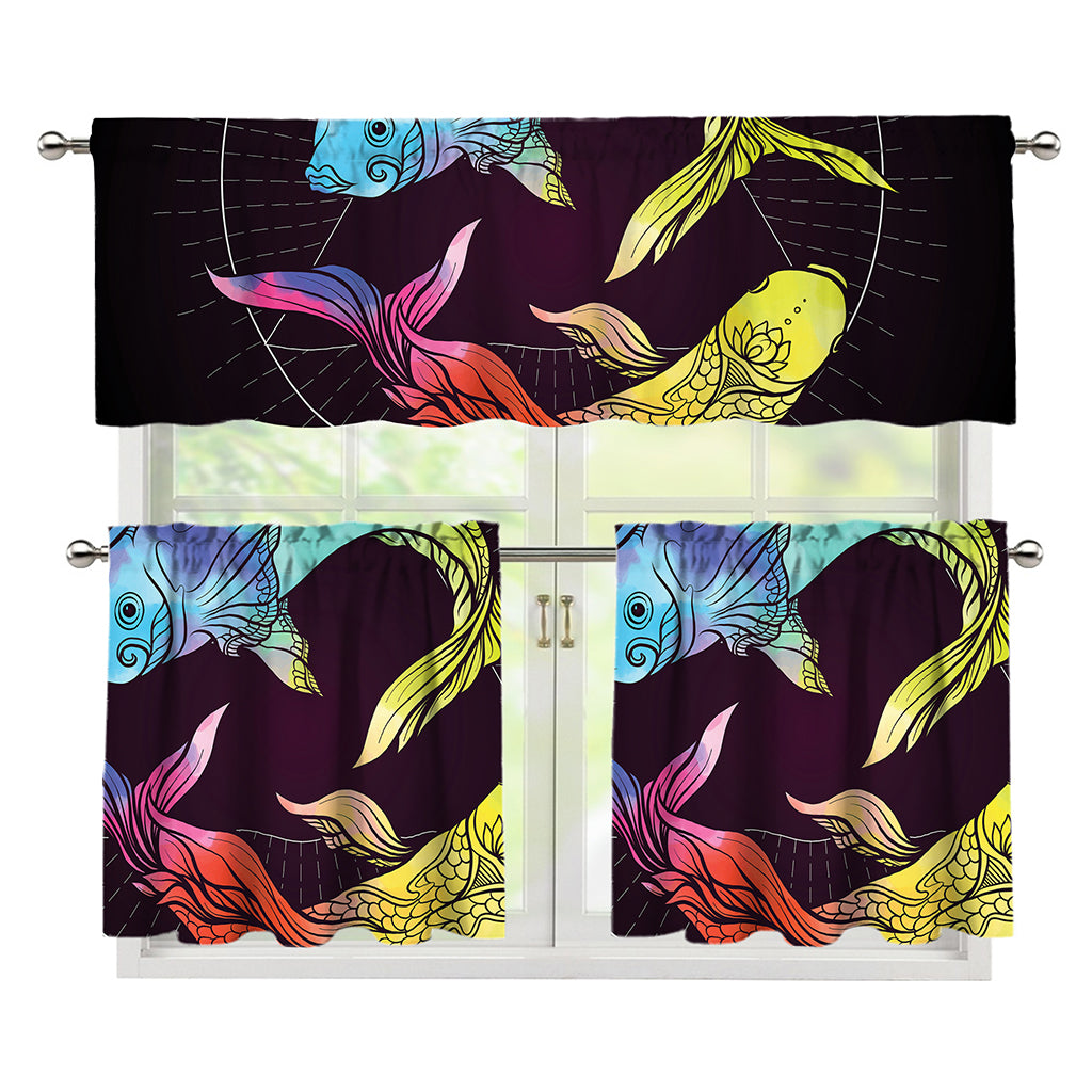 Colorful Pisces Sign Print 3 Piece Kitchen Curtains