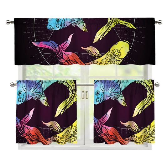 Colorful Pisces Sign Print 3 Piece Kitchen Curtains