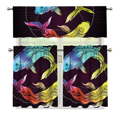 Colorful Pisces Sign Print 3 Piece Kitchen Curtains