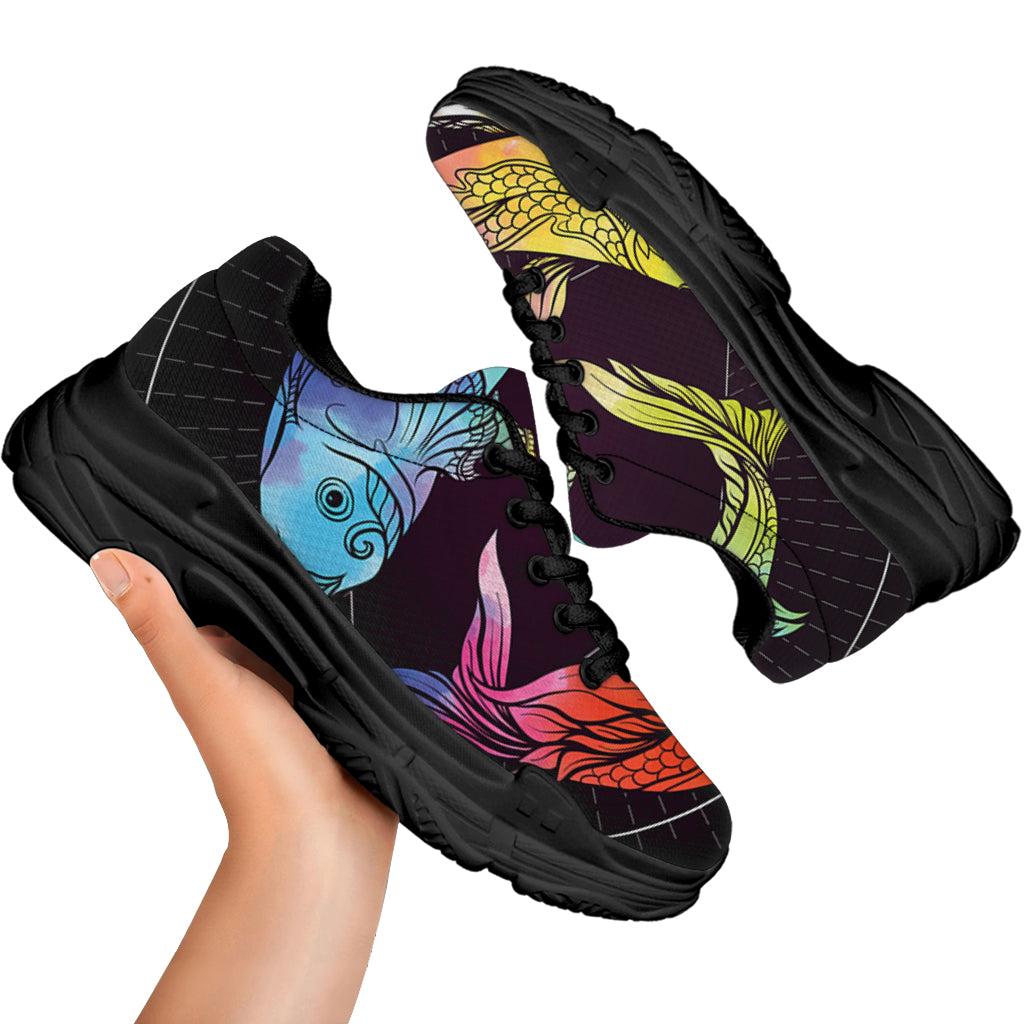 Colorful Pisces Sign Print Black Chunky Shoes