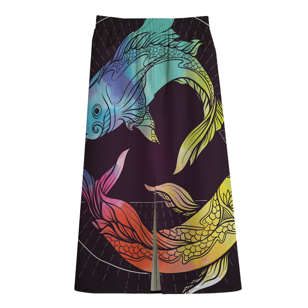 Colorful Pisces Sign Print Cotton Front Slit Maxi Skirt