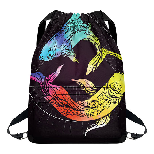 Colorful Pisces Sign Print Drawstring Backpack