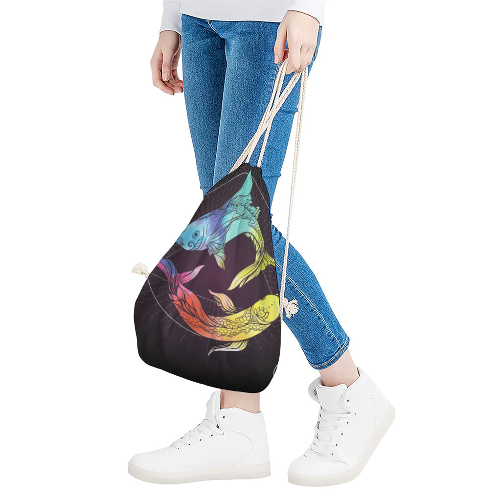 Colorful Pisces Sign Print Drawstring Bag