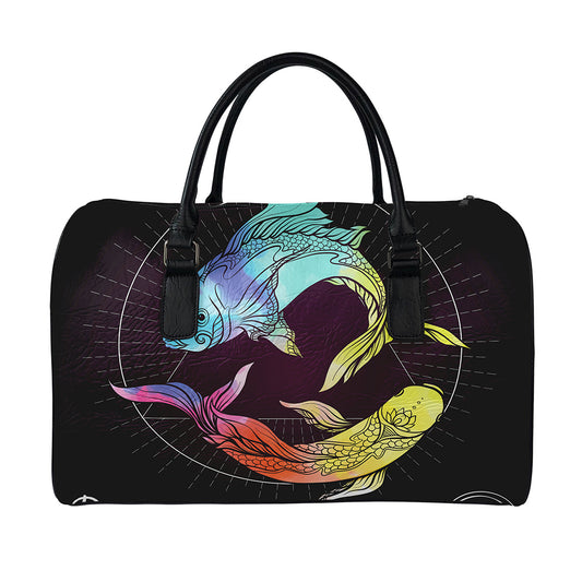 Colorful Pisces Sign Print Leather Duffle Bag
