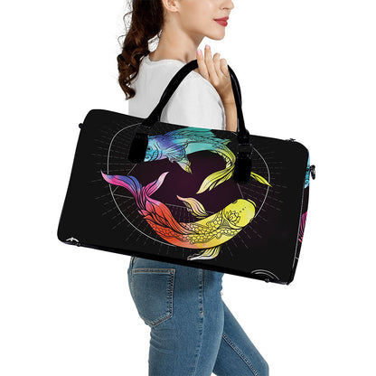 Colorful Pisces Sign Print Leather Duffle Bag