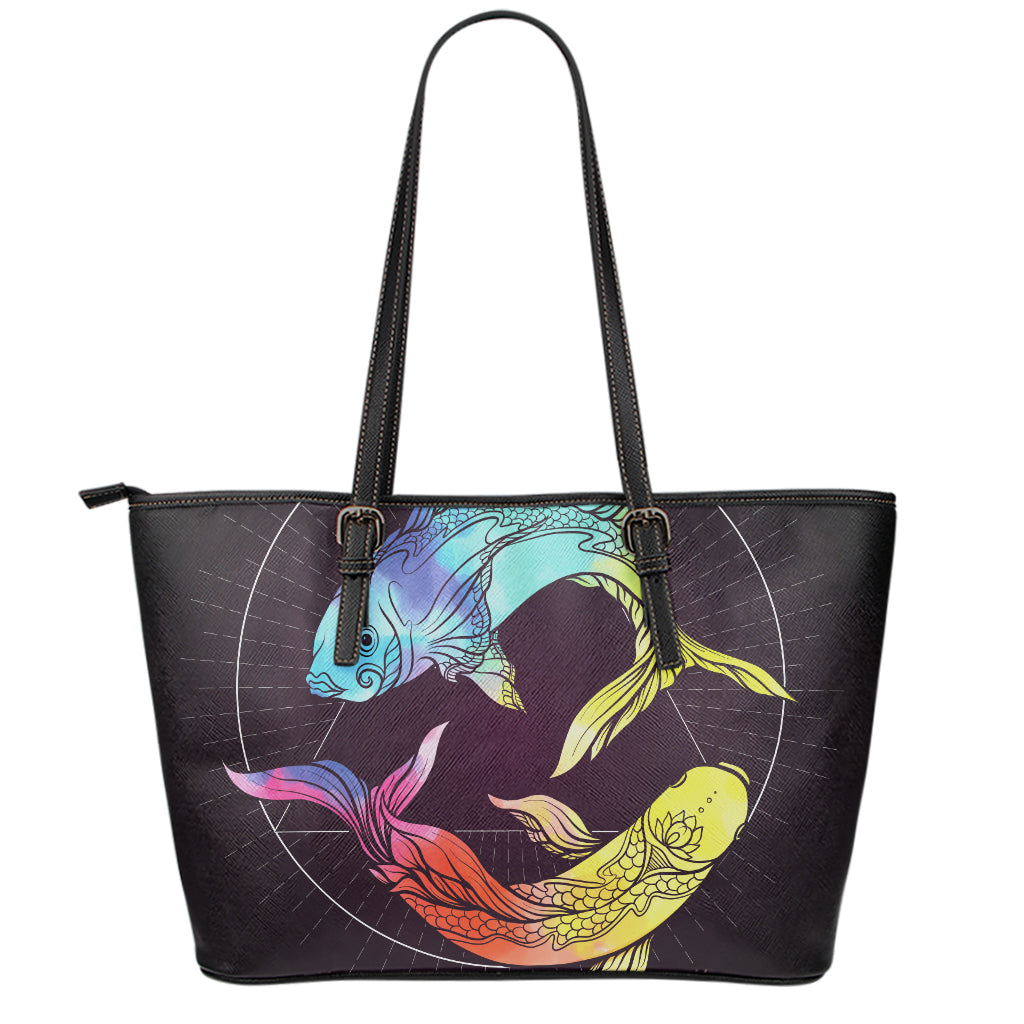Colorful Pisces Sign Print Leather Tote Bag