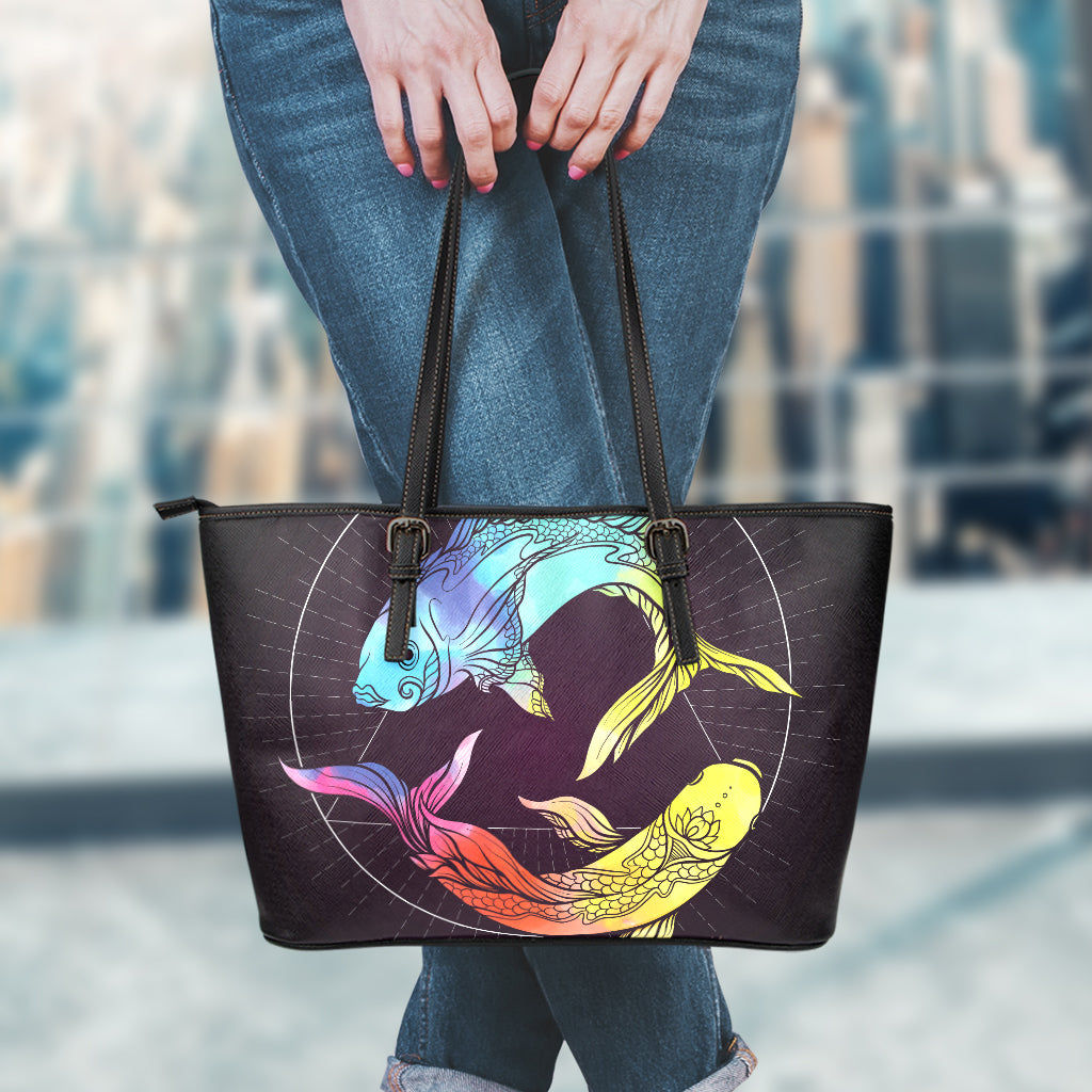 Colorful Pisces Sign Print Leather Tote Bag