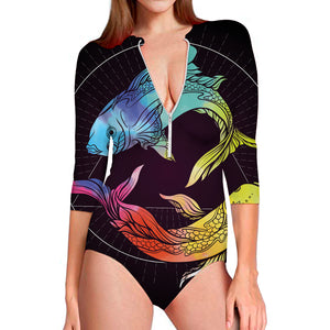 Colorful Pisces Sign Print Long Sleeve Swimsuit