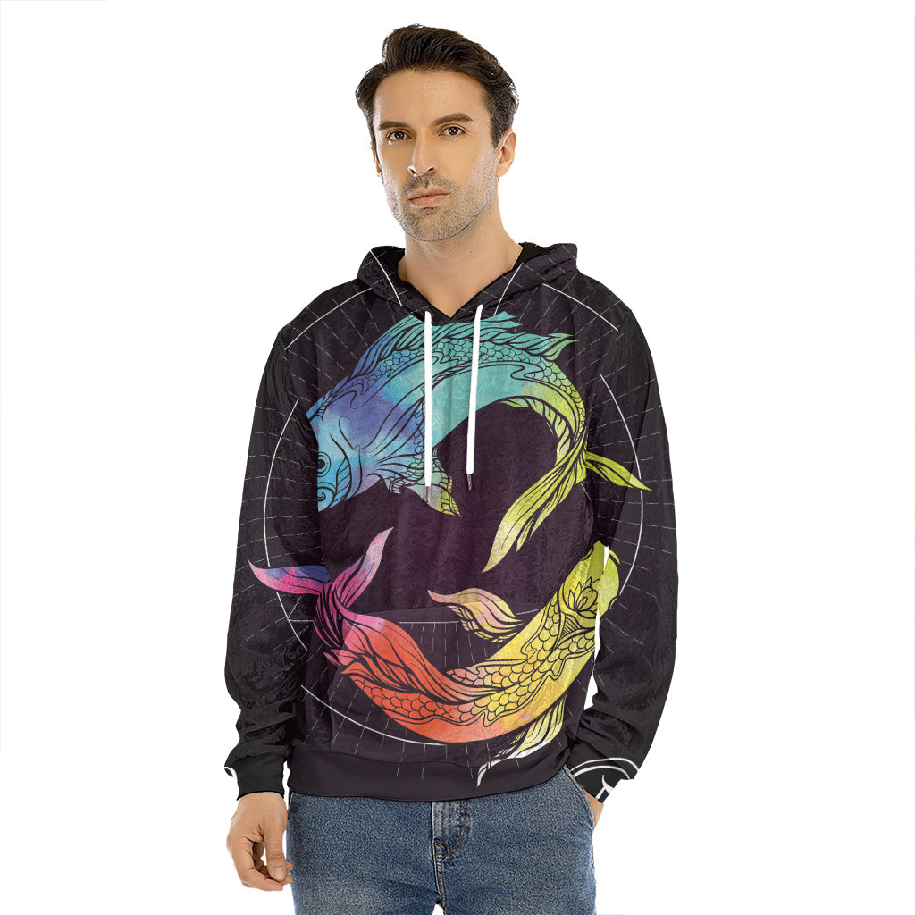 Colorful Pisces Sign Print Men's Velvet Pullover Hoodie