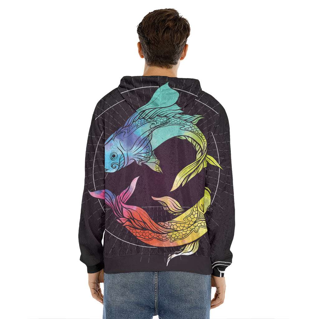 Colorful Pisces Sign Print Men's Velvet Pullover Hoodie